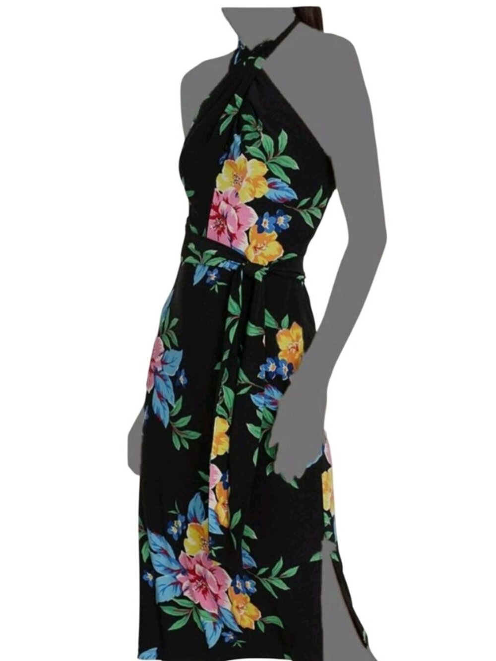 New Ralph Lauren Halter Dress Size12 Womens Black Floral Jersey Tags Vacation - Picture 2 of 14